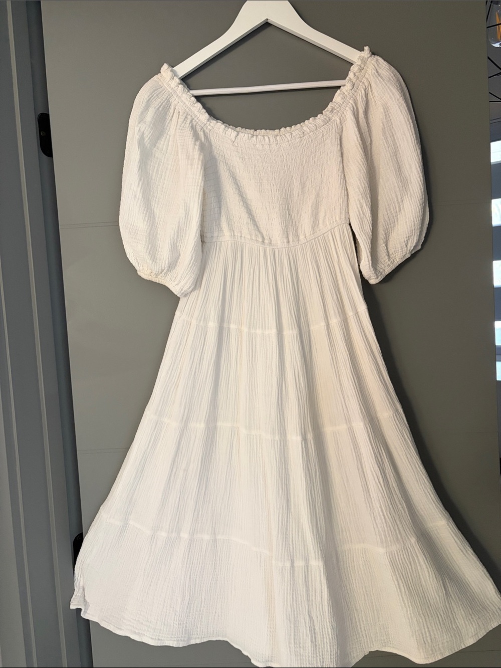 Off-Shoulder White Puff Sleeve Midi Dress